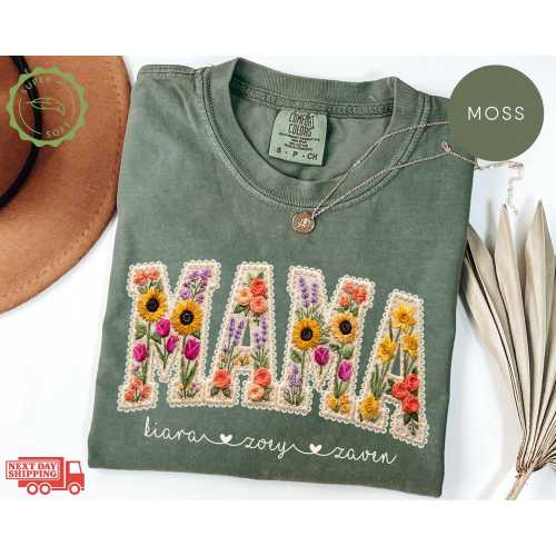 Comfort Colors® Personalized Mama Shirt With Kids Names Faux Embroidery Effect Mama Gift For Mothers Day Custom Mom Gift,Not Real Embroidery