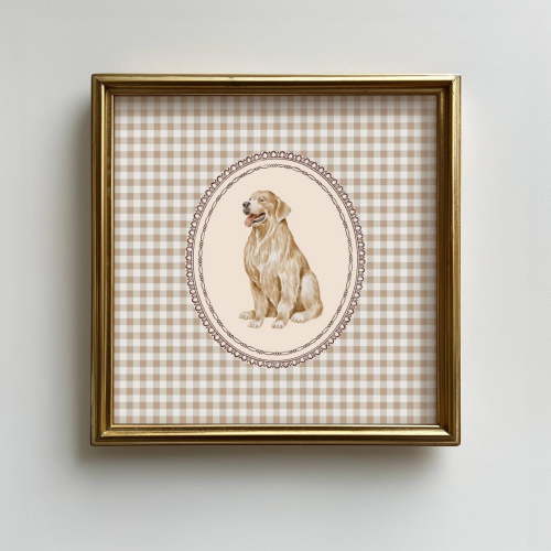 Golden Retriever Print Vintage Dog Wall Art Beige Gingham Pet Decor Cozy Farmhouse Nursery Unframed Paper Print