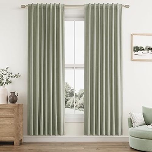 Sage Green Linen Blackout Curtains 78 Inch Length 2 Panels Set for Living Room Bedroom Back Tab Thermal Insulated 100% Black Out Linen Drapes Room Darkening Window Curtains 78 Inches Long