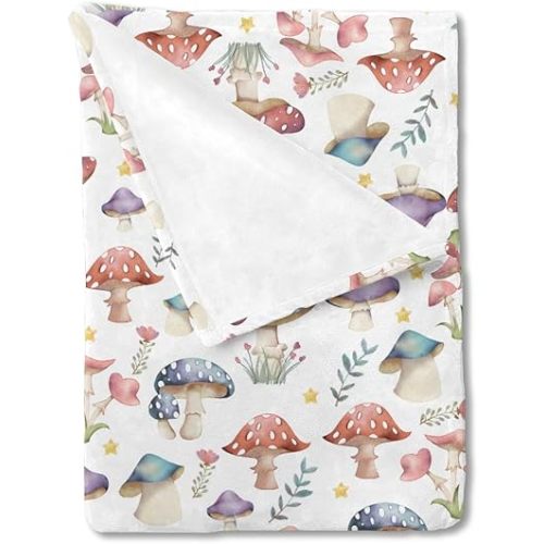 Watercolor Mushroom Forest Baby Blanket for Boy Girl Mushroom Floral Leaves Flannel Swaddle Blanket Fantasy Soft Receiving Blanket Newborn Toddler Nursery Crib Bed Blanket Playmat 30x40