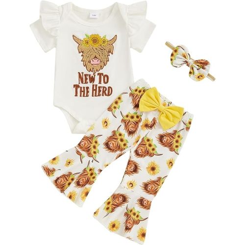 Baby Girl Summer Clothes Western Newborn Girl Short Sleeves Animal Cow Romper Pants Headband Set Outfits