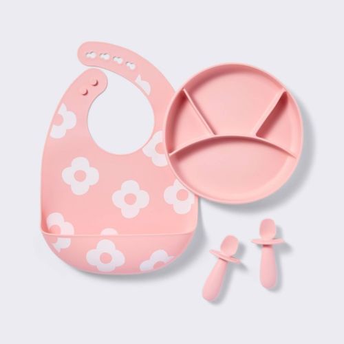 Mealtime Giftset - 4pc - Pink - Cloud Island™: Silicone, BPA-Free, Floral Pattern