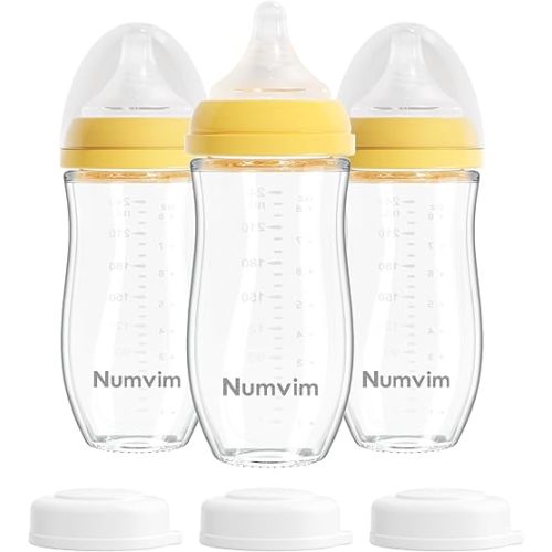 Natural Glass Baby Bottles for Breastfeeding Babies, Baby Essentials, Without Lead Body, Gentle Medium Flow, Wide Neck Bottle with Anti Colic Nipple for 3 Months Babies, 3 Packs (Yellow, 8oz)