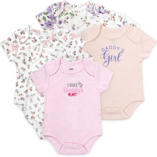 Baby Essentials Baby Girl 6 Pack Short Sleeve Bodysuit Romper, Baby Outfit Set, (6 months,Daddy's Girl Floral Print)