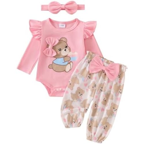 Newborn Infant Baby Girl Outfits Ruffle Bear Long Sleeve Romper Bodysuit Tops Pants Set Cute Fall Winter Clothes