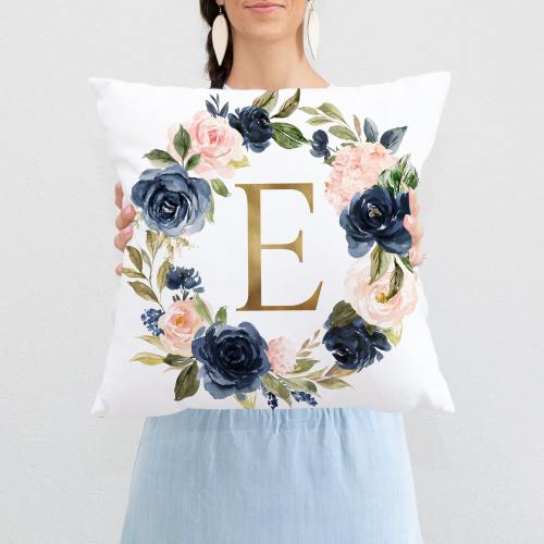 Navy Blue Blush Pink Floral Throw Pillow, Watercolor Flowers Wreath Nursery Bedroom Room Decor Cushion  Monogram Bedding 292