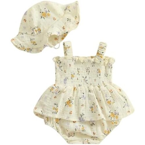 Newborn Baby Girls Summer Clothes Floral Romper Dress Cute Smocked Dresses Hat Infant Spring Clothes