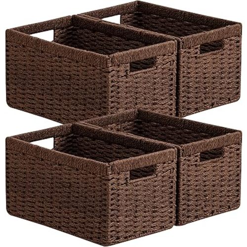 4 Pack Wicker Basket, 13.4L×8.3H×7.1W inch Woven Paper Rope Storage Baskets for shelves, Foldable Rectangular Storage Baskets with Handle, Storage Basket for Organizing, Dark Brown