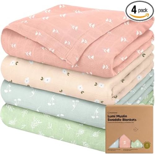 4-Pack Muslin Swaddle Blankets for Boys, Girls - Organic Baby Swaddles for Newborns, Soft & Breathable Receiving Baby Blankets for Girl, Boy, Neutral, Newborn Essentials Gift (Bloom)