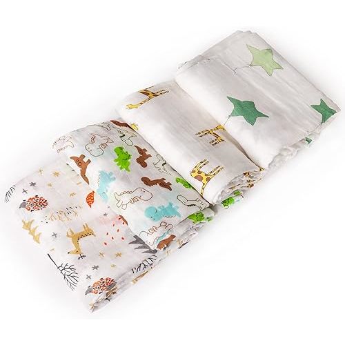 upsimples Baby Swaddle Blanket Unisex Swaddles Wrap Soft Silky Muslin Neutral Receiving Blankets for Boys and Girls, Large 47 x 47 inches, Set of 4 - Fox/Elephant/Giraffe/Dinosaur
