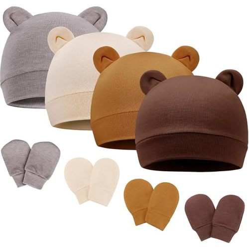 BQUBO Newborn Baby Bear Ears Hats and Mittens Sets Preemie Cotton Caps Baby Boy Girl Infant Hospital Beanie