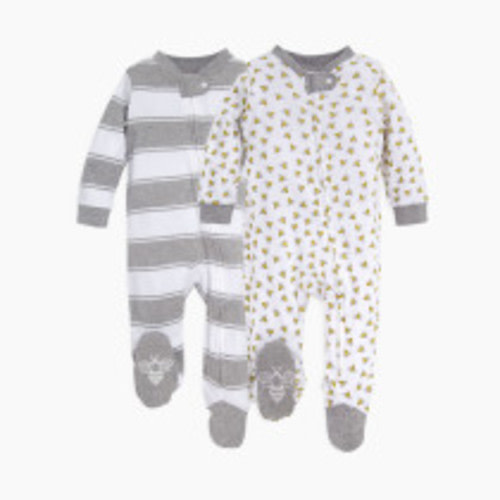 Burt's Bees Baby Organic Sleep & Play Footie Pajamas (2 Pack Bundle) - Honey Bee/Heather Grey Rugby Peace Stripe, Newborn