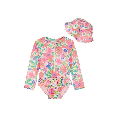 Roxy Kids' Ruffled Long Sleeve One-Piece Rashguard Swimsuit & Hat Set