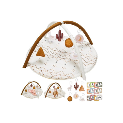 Tummy Time Activity Mat, Macrame Baby Play Gym Mat with 6 Detachable Toys and 12 Milestone Cards for Stage-Based Sensory and Motor Skill Development, Washable Play Mats for Infant, Non Slip Play Mat