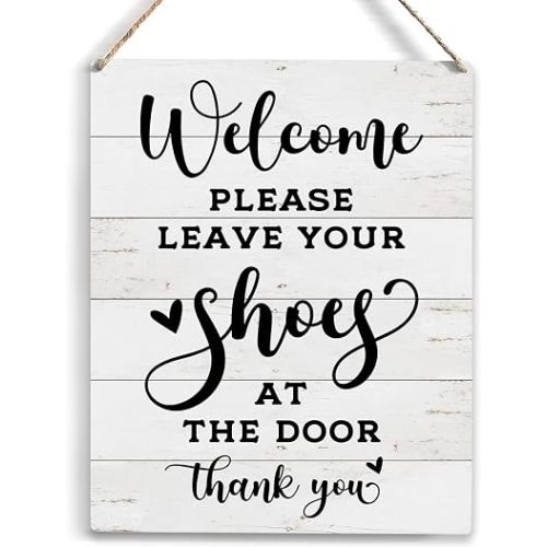 Front Door Welcome Sign, Please Remove Your Shoes Signs, No Shoes Sign for Home, Wooden Hanging Plaque 10 x 8 Inch, For Home Porch Entrance Decoration