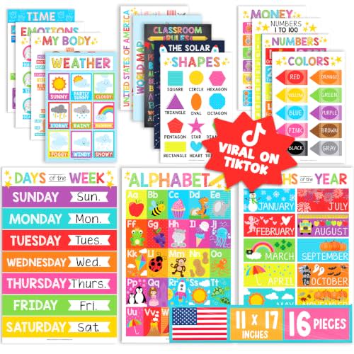 Hadley Designs 16 Educational Posters for Classroom Must Haves - Laminated Pre-K Posters for Toddler Homeschool Essentials, Toddler & Preschool Learning Activities, Kindergarten Classroom Decor