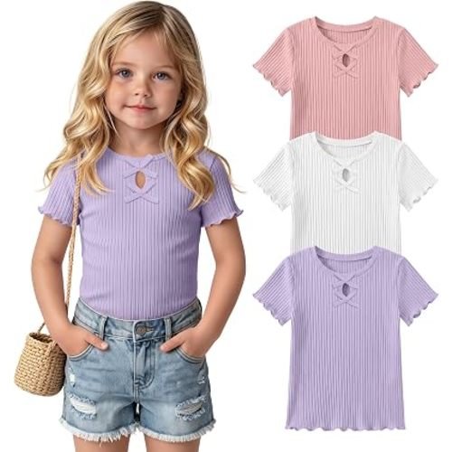 3 Pack Toddler Girls Shirts Cotton Summer Short Sleeve Ribbed Lettuce Trim Tops with Bow Cute Birthday Tee 18m-5T