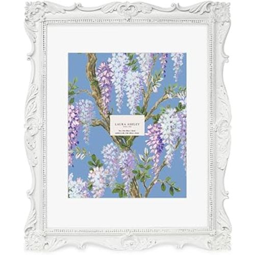 Laura Ashley 11x14 White Ornate Textured Hand-Crafted Resin Picture Frame, Wall Mount, Decorative Floral Design Home Décor, Photo Gallery, Art, More (White, 11x14 (Matted 8x10))
