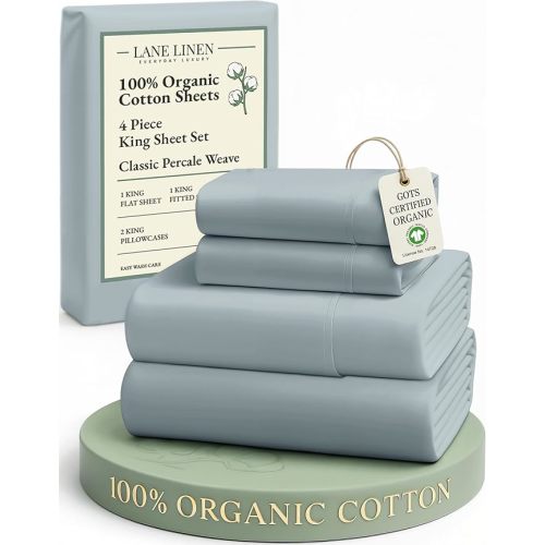 LANE LINEN 100% Organic Cotton Bed Sheets King Size, Soft & Comfy Fully Elasticized Percale Bedding Sheets & Pillowcase Set, Low Pilling Machine Washable All Season King Sheet- French Blue