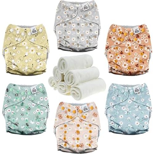 Mama Koala 3.0 Pocket Cloth Diapers for Babies with AWJ Lining, 6 Pack with 6 4-Layer Natural Cloth Diaper Inserts - Reusable and Washable Pocket Diapers(Garden Beetles)