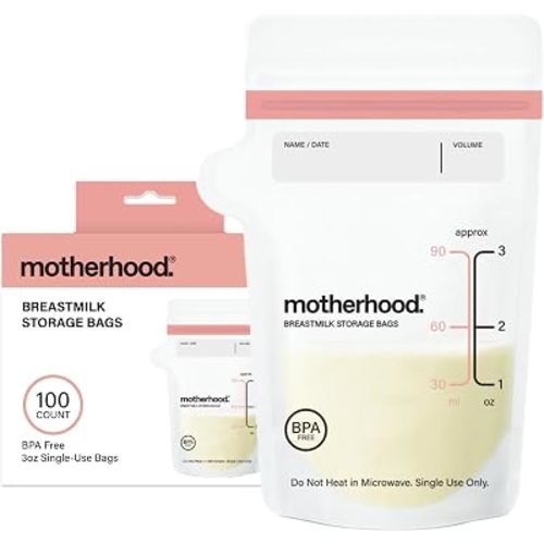 Motherhood Maternity Breastmilk Storage Bags, 3 oz, 100 Count – Leak Proof Breast Milk Freezer Storage Bags, Pre-Sterilized & BPA Free, Self-Standing & Flat Lay