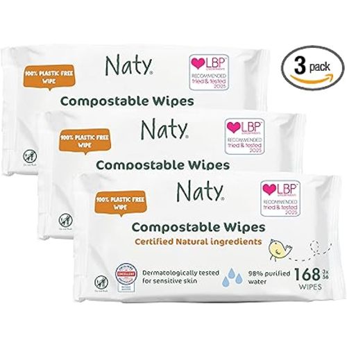 Naty Baby Wipes | 98% Water, Hypoallergenic & Natural for Sensitive Skin | Unscented, Plant-Based, Fragrance-Free | Plastic-Free & Compostable | Newborn & Toddler Diaper Wipes | 168 Count (3 Packs)