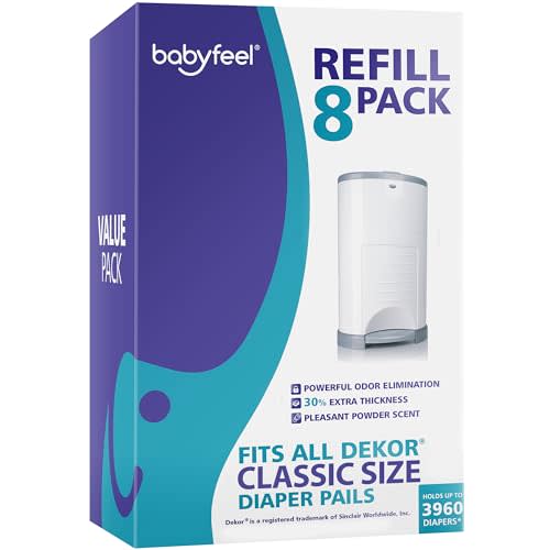 Babyfeel Refills Compatible with DEKOR CLASSIC Diaper Pails | 8 Pack | Exclusive 30% Extra Thickness | Diaper Pail Refills with Powerful Odor Elimination | Powder Scent | Holds up to 3960 Diapers