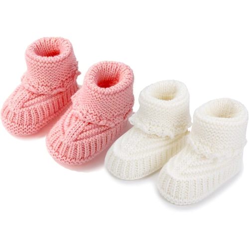 2 Pairs Baby Booties Newborn Baby Hand Crochet Knit Boots Infant Soft Cozy Warm Shoes for Toddler Girls Boys