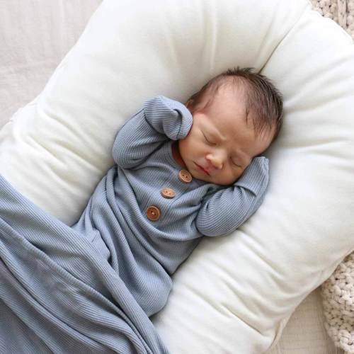 Caden Lane Dusty Denim Waffle Bamboo Newborn Baby Knot Gown & Hat Set