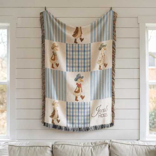 Personalized Cowboy Duck Baby Blanket, Custom Name Western Throw With Blue Gingham, Farm Animal Nursery Blanket, Baby Shower Gift For Boys