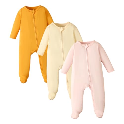 OPAWO Newborn Footie Pajamas with Mitten Cuffs Double Zipper Sleepers Baby Boy Girl Onesie Footed One-Piece Romper 0-6 Months