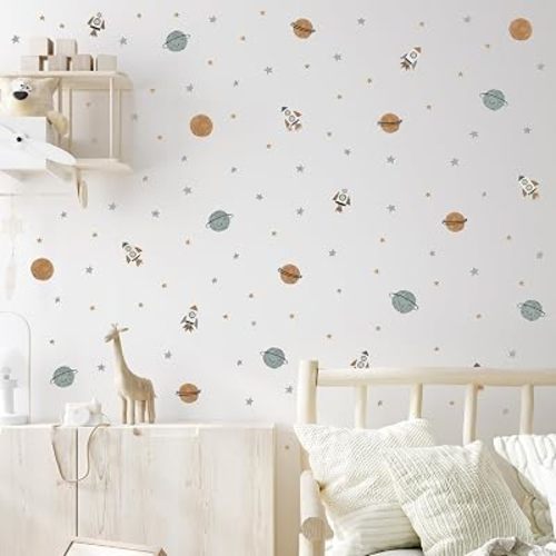 Galaxy Space Wall Decals - Set of 114 Rockets Planets Stars Stickers for Boys Bedroom, Nursery & Playroom - Removable Outer Space Peel & Stick Wall Decor