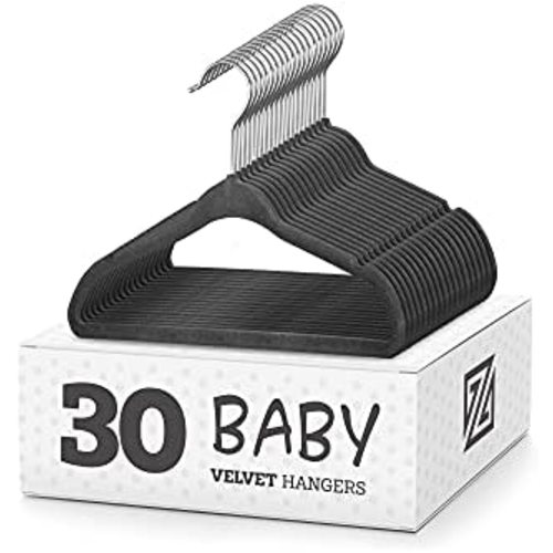 ZOBER Premium Kids Velvet Hangers (11 Inch - 30 Pack) Non Slip Baby Hangers, Ultra Slim Space Saving Childrens Hangers - 360 degree Swivel Hook, Strong & Durable Infant/Toddler Hangers (Small - Gray)