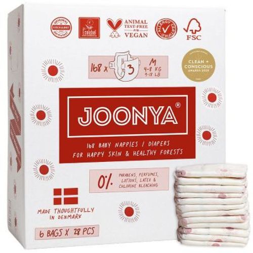 Joonya Baby Diapers, Size 3 M (9-18 lb) - 6 Bags of 28 (168) - Non Toxic, Eco-Friendly, High Absorbency, Overnight Use, Ultra Slim - Made in Denmark
