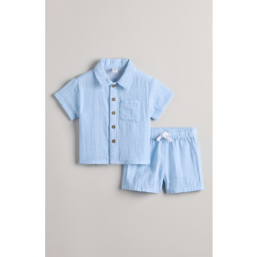 Stripe Short Sleeve Cotton Button-Up Shirt & Shorts Set