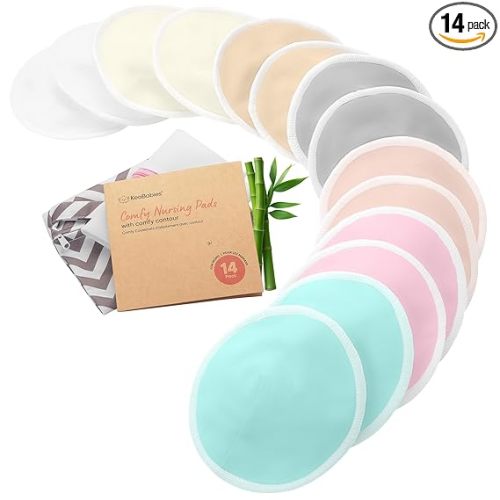 Organic Nursing Pads - 14 Washable Breast Pads for Breastfeeding, Wash Bag, Viscose Derived from Bamboo Reusable Nipple Covers for Breastfeeding Essentials, Soft & Absorbent (Pastel Touch, L 4.8")