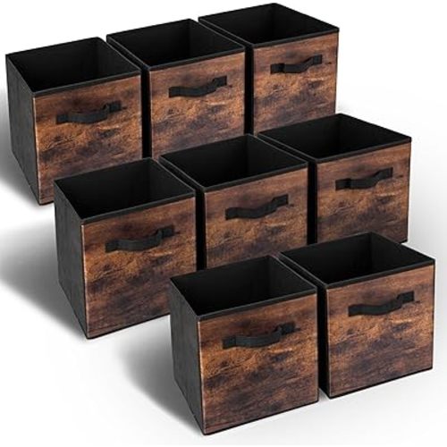EWES 11 Inch Fabric Storage Cubes, 8 Pack Foldable Storage Bins with Handle, Storage Baskets Box for Shelves, Closet, Organizer, Rustic Brown and Black