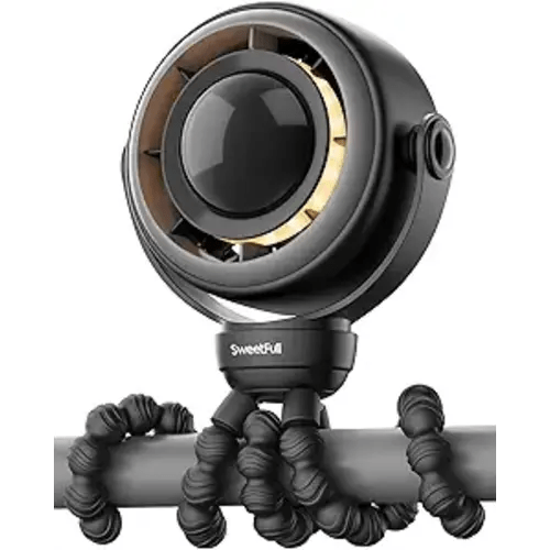 SWEETFULL Baby Stroller Fan - 4000mAh Rechargeable 4-Speed Quiet with LED Display & Night Light, Mini Portable 360° Clip On Safe Fan for Car Seat, Crib, Travel - Black