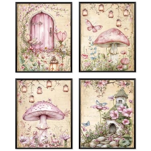 Locomiss Fairy Enchanted Forest Wall Art Posters, Fantastic Pink and Green Cottagecore Flower Mushroom Garden Cabin Prints Posters for Kids Girls Room Wall Decor, Set of 4 (8x10 Unframed)