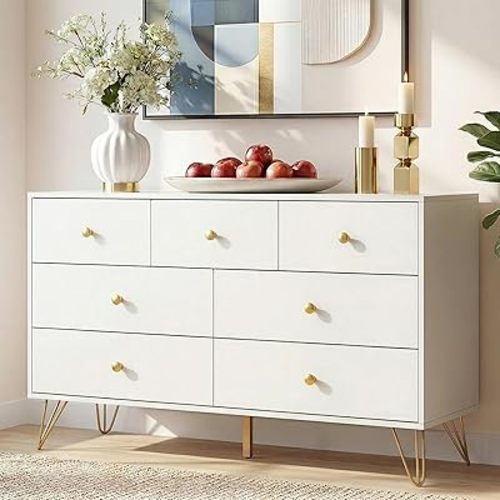 Tradare White Dresser for Bedroom, Modern 7 Drawer Dresser with Gold Handles and Metal Legs, White and Gold Dressers & Chest of Drawers for Hallway, Entryway