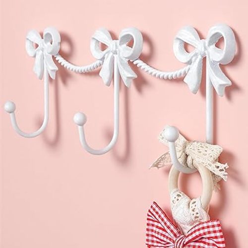 Cute Bow Hooks for Girls: White Triple Hanger Wall Mount for Girl's Bedroom Bathroom for Hanging Towel Bag Robe - Metal Bows 3 Hooks for Coquette Room Decor