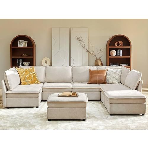 U Shaped Modular Sectional Sofa Couch, Reversible Large Sectional with Storage for Living Room Clearance with Chenille, Beige
