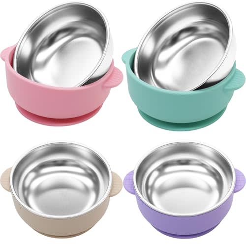 4 Pack Stainless Steel Baby Bowls with Suction, 2-in-1 SUS304 Toddlers Bowl & Removable Silicone Suction Kids Bowl Anti Scald Non Toxic Snack Container for Baby Food Feeding