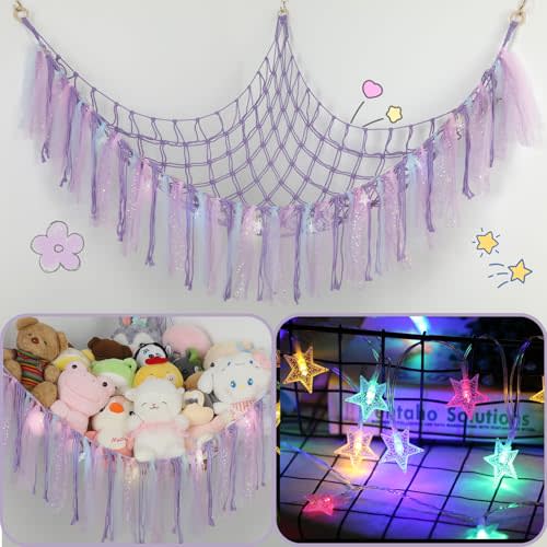 Stuffed Animal Hammock with LED Lights - 59 Inch Large Toy Storage Net for Kids Bedroom, Wall-Mounted Plush Organizer with Wooden Rings, Nursery Decor (Handwoven, Purple)