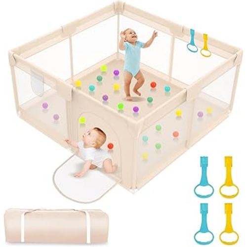 Playpen for Babies and Toddlers 50x50 inch - Baby Gate Playyard with Soft Breathable Mesh Cover - Indoor and Outdoor Baby Play Pen - Portable Playpen for Babies (Apricot)