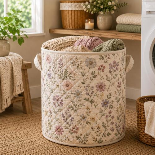Floral Quilted Laundry Basket, Cottagecore Storage Bin, Wildflower Hamper, Farmhouse Decor Organizer, Flower Lover Gift  ARD-QFZ17