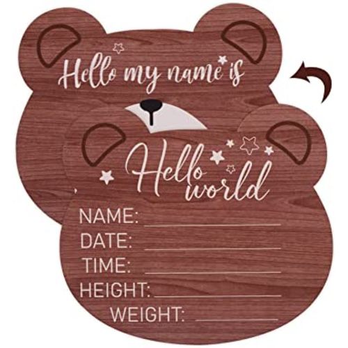Wooden Baby Announcement Plaque, 5.9 Inch Bear Shape New Baby Welcome Sign Hello World Newborn Sign for Hospital Nursery Photo Prop