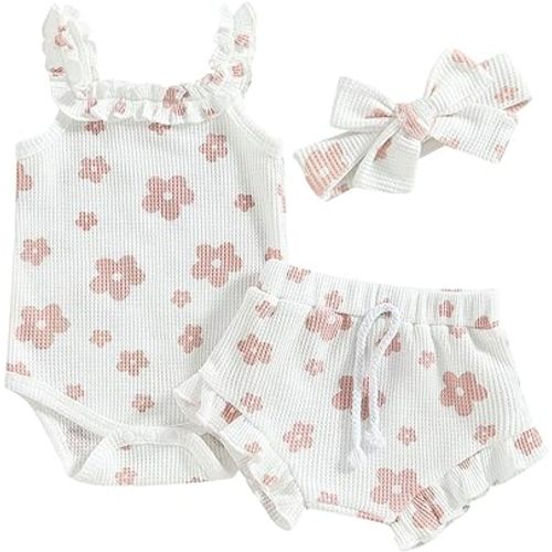 Newborn Infant Baby Girl Summer Clothes Outfits Set Floral Print Romper Tops Drawstring Short Headband Clothes Set