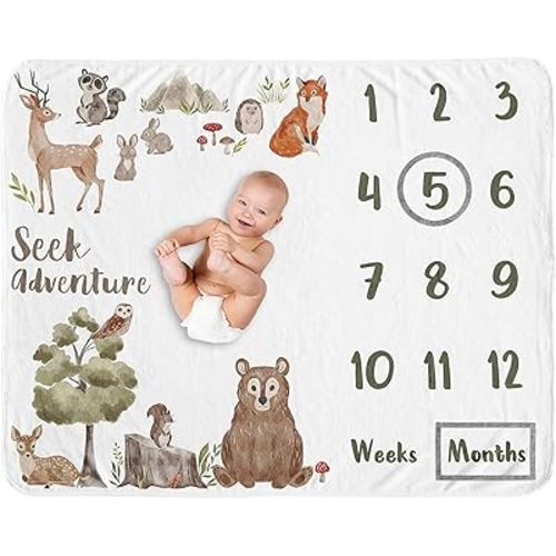 Sweet Jojo Designs Woodland Forest Animals Boy Girl Gender Neutral Unisex Baby Milestone Blanket Newborn Monthly First Year Photo Growth Chart Infant Memory Gift Set Friends Bear Hedgehog Watercolor