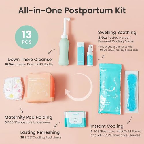 Grownsy 13pc Postpartum Essentials Recovery Kit | Postpartum Kit for Women | 8 Self-Absorbent Postpartum Disposable Underwear, 2 Ice Packs, Peri Bottle, Perineal Spray & 28 Cooling Pad Liners